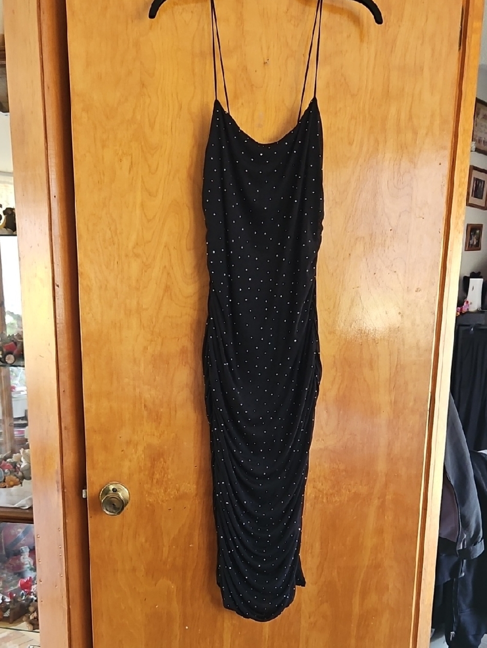 Black Spaghetti-Strap Ruched Dress with Silver Dots